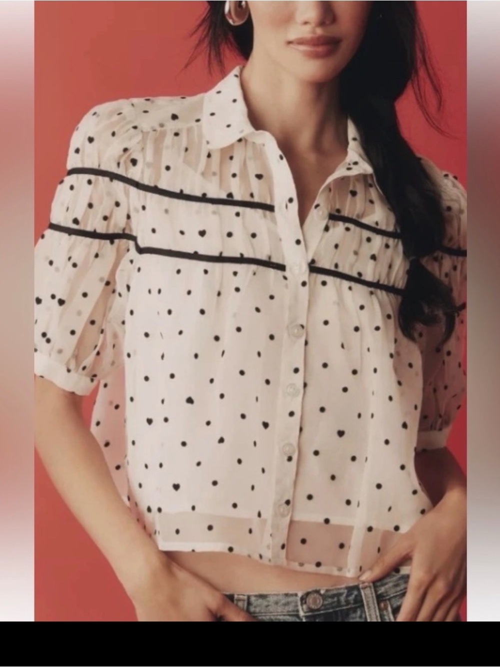 Anthropologie White Sheer Polka Dot Button-Front Top.Maeve. Worn one time.